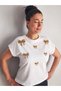 Women's Design T-Shirt Leopard Bow Ribbon Print and Stone Embellishment Detail Large Size Low Sleeve White Blouse - 6