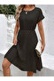 Women's Short Sleeve Open Collar Elastic Waist Pleated Short Imported Crepe Dress - 3