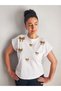 Women's Design T-Shirt Leopard Bow Ribbon Print and Stone Embellishment Detail Large Size Low Sleeve White Blouse - 2
