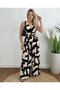 Women's Strappy Double-Breasted Collared Long Patterned Single Jersey Jumpsuit with Belt at the Waist - 2
