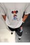 Plus Size V-Neck White Mickey Mouse Printed 100% Cotton Short Sleeve T-Shirt