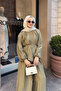 Women's Balloon Sleeve Pearl Buttoned Accessory Pants Suit Fat Green - 5