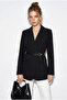 Women's Black Lined Garni Sleeve Detailed Belted Blazer Jacket 8146 60286139 - 2