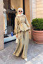 Women's Balloon Sleeve Pearl Buttoned Accessory Pants Suit Fat Green - 4