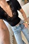 Women's Lace Collar V-Neck Bluz Black - 2