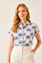 Women's Blue Patterned Linen Bat Short Sleeve Shirt