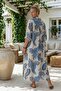 Italian Blue-Beige Shirt Collar 3/4 Sleeve Shawl Patterned Buttoned Linen Look Long Woven Dress 132 70 - 6