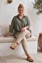 Khaki Shirt Collar 3/4 Sleeve Buttoned Casual Linen Look Oversize Woven Shirt 75 72 - 5