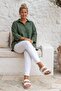 Green Shirt Collar 3/4 Sleeve Buttoned Casual Linen Look Oversize Woven Shirt 75 72 - 6