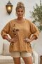 Italian Camel Pool Collar 3/4 Sleeve Washed Appliqué Casual 100% Linen Oversize Woven Blouse 80 74 - 2