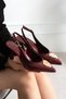 Mealis Women's Burgundy Wrinkled Patent Leather Pointed Toe Ankle Strap 7 cm Heeled Slingback Shoes with Gold Accessories