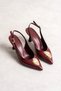 Mealis Women's Burgundy Wrinkled Patent Leather Pointed Toe Ankle Strap 7 cm Heeled Slingback Shoes with Gold Accessories - 5