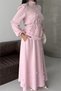 Women's Pink Linen Fabric Floral Applique High Neck Skirt Suit Nbms2629 - 4