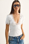 Women's White Deep V-Neck Lace Detailed Ribbed Blouse 1080 60286197 - 2