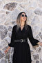 Black Belted Long Sleeve Crinkle Fabric Dress - 3
