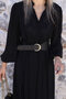 Black Belted Long Sleeve Crinkle Fabric Dress - 4