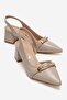 Women's Side and Back Open Heeled Sandals Beige Wrinkled