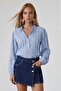 Blue Hakim Collar Front Buttoned Balloon Sleeve Ruffle Fabric Shirt Blouse Alc-X15405 - 5