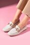 Alita Beige Glitter Fabric Loafer Ballerinas with Gold Buckle - 2
