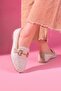 Alita Beige Glitter Fabric Loafer Ballerinas with Gold Buckle - 3