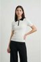 Women's White Contrast White Polo Collar Cotton Knitwear T-Shirt Buttoned Camisole - 3
