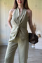 Khaki Trousers and Blouse Set with Linen Front Knot Detail - 4