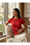 Women's Red Corded Camisole Gold Double-Breasted Buckle Detailed Short Sleeve Blouse - 6