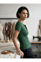 Women's Khaki Green Ribbed Camisole with Half Zipper Detail on the Front, Short Sleeve Slim Fit Blouse - 6