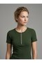 Women's Khaki Green Ribbed Camisole with Half Zipper Detail on the Front, Short Sleeve Slim Fit Blouse