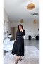 Black Lace Detailed Belted Chiffon Lined Long Dress - 2