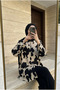 Women's Premium Contrast Patterned Oversize Shirt Collar Hijab Tunic Comfortable Fit - 8