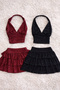 Ashley Burgundy Glitter Premium Alaçatı Style Ruffle Shorts Skirt Glitter Gathered Blouse 2-Piece Set - 6