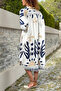 Italian White-Navy Blue Shirt Collar Ethnic Patterned Pocketed Loose Woven Dress 110 65 - 5