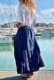 Italian Navy Blue Lined Belted Embroidered Cotton Woven Skirt 90 35 - 2
