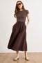Women's Brown Guipure Belt Detailed Pocketed Thick Linen Skirt Etk-19000299