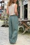 Italian Khaki Pocketed, Side Embroidered, Elastic Waist, Wide Leg Linen Loose Woven Trousers 100 35 - 4