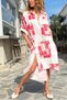 Italian White-Red Ethnic Patterned Pocketed Slit Cotton Loose Woven Dress 120 65 - 6