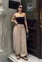 Women's Beige Elastic Waist Detailed Linen Textured Shalwar Trousers - 3