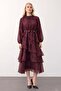 Floral Patterned Layered Chiffon Dress with Volants Bordo 9462-E - 4