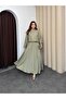 Light khaki women's tencel fabric skirt with belt detail and flowy textured jacket skirt set. - 7