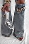 Cinderella Silver Cracked Patent Leather Round Toe Heeled Women's Slippers - 3