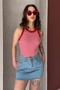 Women's Red Wide Halter Neck Ribbed Knitted Blouse - 2