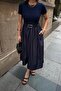 Women's Navy Blue Belted Poplin Skirt Dress - 5