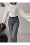 Women's White Crew Neck Waist-Slit Wide Sleeve Stylish Blouse - 4