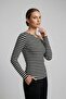 Premium Soft Series Body-Fitting Black and White Striped Boat Neck Knitted Blouse - 6