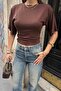 Women's Brown Side Gathered Crew Neck Soft Blouse - 2