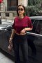 Women's Burgundy Side Gathered Crew Neck Soft Blouse - 4