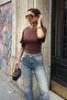 Women's Brown Side Gathered Crew Neck Soft Blouse - 4