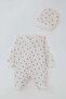 Baby Girl Booties Jumpsuit with Strawberry Pattern 0-6 Months, Ecru