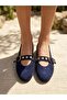 Genuine Leather Navy Blue Suede Buckle Mary Jane Ballerinas for Women - 5